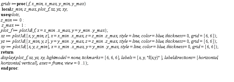 grids := proc (f, x_min, x_max, y_min, y_max) local z_min, z_max, plot_f, xz, yz, xy; z_min := 0; z_max := 1; plot_f := plot3d(f, x = x_min .. x_max, y = y_min .. y_max); xz := plot3d([x, y_min, z], x = x_min .. x_max, z = z_min .. z_max, style = line, color = blue, thickness = 0, grid = [6, 6]); yz := plot3d([x_min, y, z], y = y_min .. y_max, z = z_min .. z_max, style = line, color = blue, thickness = 0, grid = [6, 6]); xy := plot3d([x, y, z_min], x = x_min .. x_max, y = y_min .. y_max, style = line, color = blue, thickness = 0, grid = [6, 6]); return plots:-display(plot_f, xz, yz, xy, lightmodel = none, tickmarks = [6, 6, 6], labels = [x, y, "f(x,y)"], labeldirections = [horizontal, horizontal, vertical], axes = frame, view = 0 .. 1) end proc
