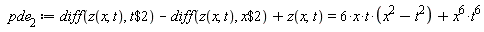 pde__2 := diff(z(x, t), `$`(t, 2))-(diff(z(x, t), `$`(x, 2)))+z(x, t) = 6*x*t*(-t^2+x^2)+x^6*t^6