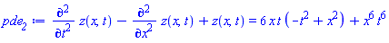 diff(diff(z(x, t), t), t)-(diff(diff(z(x, t), x), x))+z(x, t) = 6*x*t*(-t^2+x^2)+x^6*t^6