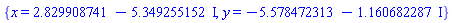 {x = 2.829908741-5.349255152*I, y = -5.578472313-1.160682287*I}