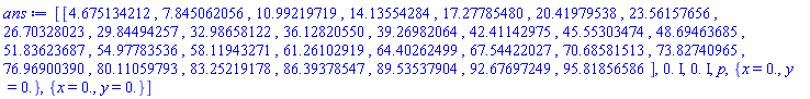 [[4.675134212, 7.845062056, 10.99219719, 14.13554284, 17.27785480, 20.41979538, 23.56157656, 26.70328023, 29.84494257, 32.98658122, 36.12820550, 39.26982064, 42.41142975, 45.55303474, 48.69463685, 51.83623687, 54.97783536, 58.11943271, 61.26102919, 64.40262499, 67.54422027, 70.68581513, 73.82740965, 76.96900390, 80.11059793, 83.25219178, 86.39378547, 89.53537904, 92.67697249, 95.81856586], 0.*I, 0.*I, p, {x = 0., y = 0.}, {x = 0., y = 0.}]