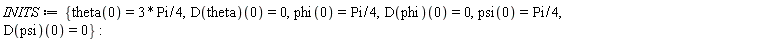 INITS := {phi(0) = (1/4)*Pi, psi(0) = (1/4)*Pi, theta(0) = 3*Pi*(1/4), (D(phi))(0) = 0, (D(psi))(0) = 0, (D(theta))(0) = 0}