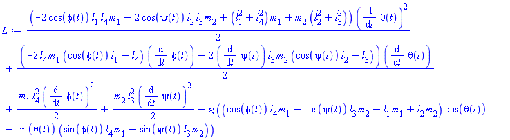 (1/2)*(-2*cos(phi(t))*l[1]*l[4]*m[1]-2*cos(psi(t))*l[2]*l[3]*m[2]+(l[1]^2+l[4]^2)*m[1]+m[2]*(l[2]^2+l[3]^2))*(diff(theta(t), t))^2+(1/2)*(-2*l[4]*m[1]*(cos(phi(t))*l[1]-l[4])*(diff(phi(t), t))+2*(diff(psi(t), t))*l[3]*m[2]*(cos(psi(t))*l[2]-l[3]))*(diff(theta(t), t))+(1/2)*m[1]*l[4]^2*(diff(phi(t), t))^2+(1/2)*m[2]*l[3]^2*(diff(psi(t), t))^2-g*((cos(phi(t))*l[4]*m[1]-cos(psi(t))*l[3]*m[2]-l[1]*m[1]+l[2]*m[2])*cos(theta(t))-sin(theta(t))*(sin(phi(t))*l[4]*m[1]+sin(psi(t))*l[3]*m[2]))