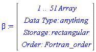 beta := Vector(4, {(1) = ` 1 .. 51 `*Array, (2) = `Data Type: `*anything, (3) = `Storage: `*rectangular, (4) = `Order: `*Fortran_order})