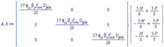 A, b := Matrix(3, 3, {(1, 1) = (17/20)*`&phi;__cs`*`&beta;__s`*f__con*D__pile, (1, 2) = 0, (1, 3) = 0, (2, 1) = 0, (2, 2) = (17/20)*`&phi;__cs`*`&beta;__s`*f__con*D__pile, (2, 3) = 0, (3, 1) = 0, (3, 2) = 0, (3, 3) = (17/20)*`&phi;__cs`*`&beta;__s`*f__con*D__pile}), Vector(3, {(1) = (5/6)*H+(5/8)*P, (2) = -(5/6)*H+(5/8)*P, (3) = -(1/2)*H+(3/8)*P})