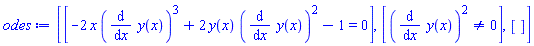 [[-2*x*(diff(y(x), x))^3+2*y(x)*(diff(y(x), x))^2-1 = 0], [(diff(y(x), x))^2 <> 0], []]