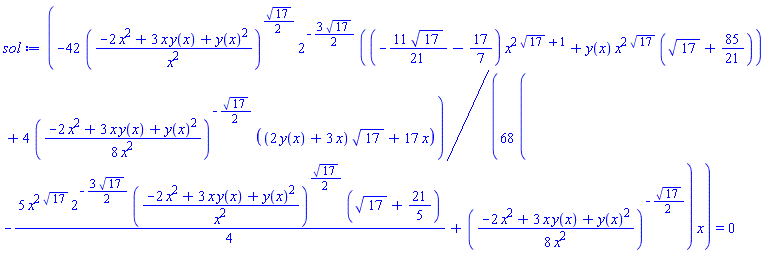 (1/68)*(-42*((-2*x^2+3*x*y(x)+y(x)^2)/x^2)^((1/2)*17^(1/2))*2^(-(3/2)*17^(1/2))*((-(11/21)*17^(1/2)-17/7)*x^(2*17^(1/2)+1)+y(x)*x^(2*17^(1/2))*(17^(1/2)+85/21))+4*((1/8)*(-2*x^2+3*x*y(x)+y(x)^2)/x^2)^(-(1/2)*17^(1/2))*((2*y(x)+3*x)*17^(1/2)+17*x))/((-(5/4)*x^(2*17^(1/2))*2^(-(3/2)*17^(1/2))*((-2*x^2+3*x*y(x)+y(x)^2)/x^2)^((1/2)*17^(1/2))*(17^(1/2)+21/5)+((1/8)*(-2*x^2+3*x*y(x)+y(x)^2)/x^2)^(-(1/2)*17^(1/2)))*x) = 0