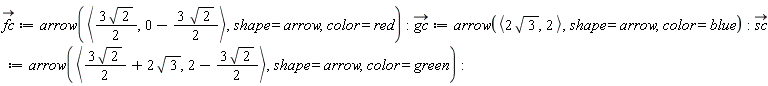 `#mover(mi("fc"),mo("&rarr;"))` := arrow(`<,>`(3*sqrt(2)*(1/2), 0-3*sqrt(2)*(1/2)), shape = arrow, color = red); `#mover(mi("gc"),mo("&rarr;"))` := arrow(`<,>`(2*sqrt(3), 2), shape = arrow, color = blue); `#mover(mi("sc"),mo("&rarr;"))` := arrow(`<,>`(3*sqrt(2)*(1/2)+2*sqrt(3), 2-3*sqrt(2)*(1/2)), shape = arrow, color = green)