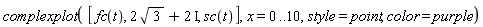 complexplot([fc(t), 2*sqrt(3)+2*I, sc(t)], x = 0 .. 10, style = point, color = purple)