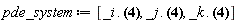 pde_system := [_i.(cos(phi)*((diff(f(r, theta, phi), theta))*cos(theta)-f(r, theta, phi)*sin(theta))*_i+sin(phi)*((diff(f(r, theta, phi), theta))*cos(theta)-f(r, theta, phi)*sin(theta))*_j+(-f(r, theta, phi)*cos(theta)-sin(theta)*(diff(f(r, theta, phi), theta)))*_k = 0), _j.(cos(phi)*((diff(f(r, theta, phi), theta))*cos(theta)-f(r, theta, phi)*sin(theta))*_i+sin(phi)*((diff(f(r, theta, phi), theta))*cos(theta)-f(r, theta, phi)*sin(theta))*_j+(-f(r, theta, phi)*cos(theta)-sin(theta)*(diff(f(r, theta, phi), theta)))*_k = 0), _k.(cos(phi)*((diff(f(r, theta, phi), theta))*cos(theta)-f(r, theta, phi)*sin(theta))*_i+sin(phi)*((diff(f(r, theta, phi), theta))*cos(theta)-f(r, theta, phi)*sin(theta))*_j+(-f(r, theta, phi)*cos(theta)-sin(theta)*(diff(f(r, theta, phi), theta)))*_k = 0)]