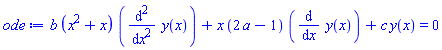 b*(x^2+x)*(diff(diff(y(x), x), x))+x*(2*a-1)*(diff(y(x), x))+c*y(x) = 0