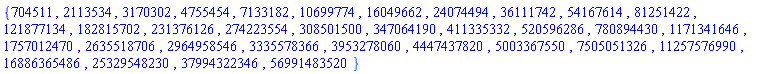 {704511, 2113534, 3170302, 4755454, 7133182, 10699774, 16049662, 24074494, 36111742, 54167614, 81251422, 121877134, 182815702, 231376126, 274223554, 308501500, 347064190, 411335332, 520596286, 780894430, 1171341646, 1757012470, 2635518706, 2964958546, 3335578366, 3953278060, 4447437820, 5003367550, 7505051326, 11257576990, 16886365486, 25329548230, 37994322346, 56991483520}