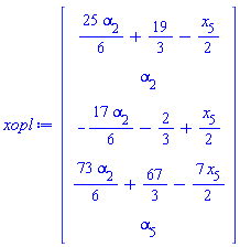 Vector(5, {(1) = (25/6)*alpha[2]+19/3-(1/2)*x[5], (2) = alpha[2], (3) = -(17/6)*alpha[2]-2/3+(1/2)*x[5], (4) = (73/6)*alpha[2]+67/3-(7/2)*x[5], (5) = alpha[5]})