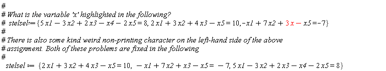 stelsel := {-x1+7*x2+x3-x5 = -7, 2*x1+3*x2+4*x3-x5 = 10, 5*x1-3*x2+2*x3-x4-2*x5 = 8}