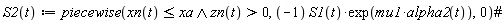 "S2(t):=piecewise(xn(t)<=xa and zn(t)>0, (-1) S1(t)*exp(mu1*alpha2(t)),0)#"