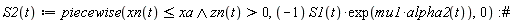 "S2(t):=piecewise(xn(t)<=xa and zn(t)>0, (-1) S1(t)*exp(mu1*alpha2(t)),0):#"
