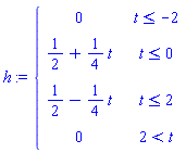 piecewise(t <= -2, 0, t <= 0, 1/2+(1/4)*t, t <= 2, 1/2-(1/4)*t, 2 < t, 0)
