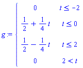 g := piecewise(t <= -2, 0, t <= 0, 1/2+(1/4)*t, t <= 2, 1/2-(1/4)*t, 2 < t, 0)