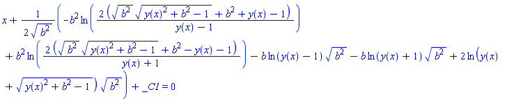 x+(1/2)*(-b^2*ln(2*((b^2)^(1/2)*(y(x)^2+b^2-1)^(1/2)+b^2+y(x)-1)/(y(x)-1))+b^2*ln(2*((b^2)^(1/2)*(y(x)^2+b^2-1)^(1/2)+b^2-y(x)-1)/(y(x)+1))-b*ln(y(x)-1)*(b^2)^(1/2)-b*ln(y(x)+1)*(b^2)^(1/2)+2*ln(y(x)+(y(x)^2+b^2-1)^(1/2))*(b^2)^(1/2))/(b^2)^(1/2)+_C1 = 0