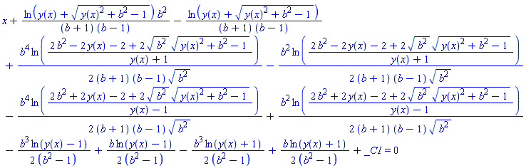 x+ln(y(x)+(y(x)^2+b^2-1)^(1/2))*b^2/((b+1)*(b-1))-ln(y(x)+(y(x)^2+b^2-1)^(1/2))/((b+1)*(b-1))+(1/2)*b^4*ln((2*b^2-2*y(x)-2+2*(b^2)^(1/2)*(y(x)^2+b^2-1)^(1/2))/(y(x)+1))/((b+1)*(b-1)*(b^2)^(1/2))-(1/2)*b^2*ln((2*b^2-2*y(x)-2+2*(b^2)^(1/2)*(y(x)^2+b^2-1)^(1/2))/(y(x)+1))/((b+1)*(b-1)*(b^2)^(1/2))-(1/2)*b^4*ln((2*b^2+2*y(x)-2+2*(b^2)^(1/2)*(y(x)^2+b^2-1)^(1/2))/(y(x)-1))/((b+1)*(b-1)*(b^2)^(1/2))+(1/2)*b^2*ln((2*b^2+2*y(x)-2+2*(b^2)^(1/2)*(y(x)^2+b^2-1)^(1/2))/(y(x)-1))/((b+1)*(b-1)*(b^2)^(1/2))-(1/2)*b^3*ln(y(x)-1)/(b^2-1)+(1/2)*b*ln(y(x)-1)/(b^2-1)-(1/2)*b^3*ln(y(x)+1)/(b^2-1)+(1/2)*b*ln(y(x)+1)/(b^2-1)+_C1 = 0