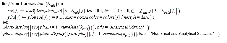for j to numelems(k__vals) do sol[j] := eval(Analytical_sol, [k = k__vals[j], We = .1, Br = .3, x = 0, Q = Q__vals[j], lambda = `&lambda;__vals`[j]]); plta[j] := plot(sol[j], y = 0 .. 1, axes = boxed, color = colors[j], linestyle = dash) end do; plots:-display([seq(plta[j], j = 1 .. numelems(k__vals))], title = "Analytical Solution"); plots:-display([seq(plots:-display([pltn[j], plta[j]]), j = 1 .. numelems(k__vals))], title = "Numerical and Analytical Solutions")