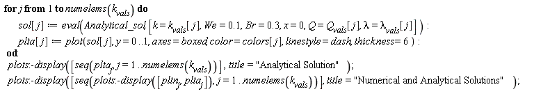 for j to numelems(k__vals) do sol[j] := eval(Analytical_sol, [k = k__vals[j], We = .1, Br = .3, x = 0, Q = Q__vals[j], lambda = `&lambda;__vals`[j]]); plta[j] := plot(sol[j], y = 0 .. 1, axes = boxed, color = colors[j], linestyle = dash, thickness = 6) end do; plots:-display([seq(plta[j], j = 1 .. numelems(k__vals))], title = "Analytical Solution"); plots:-display([seq(plots:-display([pltn[j], plta[j]]), j = 1 .. numelems(k__vals))], title = "Numerical and Analytical Solutions")