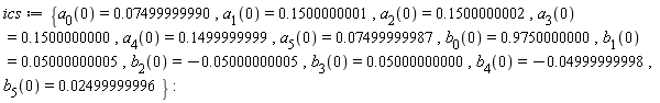ics := {a[0](0) = 0.7499999990e-1, a[1](0) = .1500000001, a[2](0) = .1500000002, a[3](0) = .1500000000, a[4](0) = .1499999999, a[5](0) = 0.7499999987e-1, b[0](0) = .9750000000, b[1](0) = 0.5000000005e-1, b[2](0) = -0.5000000005e-1, b[3](0) = 0.5000000000e-1, b[4](0) = -0.4999999998e-1, b[5](0) = 0.2499999996e-1}