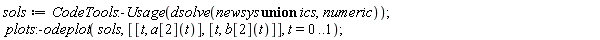 sols := CodeTools:-Usage(dsolve(`union`(newsys, ics), numeric)); plots:-odeplot(sols, [[t, a[2](t)], [t, b[2](t)]], t = 0 .. 1)