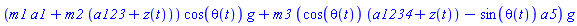 (m1*a1+m2*(a123+z(t)))*cos(theta(t))*g+m3*(cos(theta(t))*(a1234+z(t))-sin(theta(t))*a5)*g