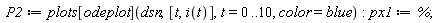 P2 := plots[odeplot](dsn, [t, i(t)], t = 0 .. 10, color = blue); px1 := %
