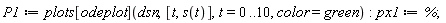P1 := plots[odeplot](dsn, [t, s(t)], t = 0 .. 10, color = green); px1 := %