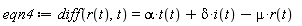 eqn4 := diff(r(t), t) = alpha*t(t)+delta*i(t)-mu*r(t)