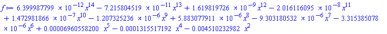 0.6399987799e-11*x^14-0.7215804519e-10*x^13+0.1619819726e-8*x^12-0.2016116095e-7*x^11+0.1472981866e-6*x^10-0.1207325236e-5*x^9+0.5883077911e-5*x^8-0.9303180532e-5*x^7-0.3315385078e-5*x^6+0.6960558200e-4*x^5-0.1315517192e-3*x^4-0.4510232982e-2*x^2
