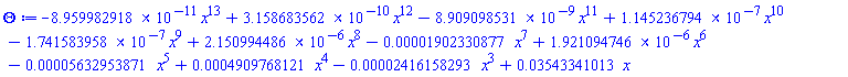 -0.8959982918e-10*x^13+0.3158683562e-9*x^12-0.8909098531e-8*x^11+0.1145236794e-6*x^10-0.1741583958e-6*x^9+0.2150994486e-5*x^8-0.1902330877e-4*x^7+0.1921094746e-5*x^6-0.5632953871e-4*x^5+0.4909768121e-3*x^4-0.2416158293e-4*x^3+0.3543341013e-1*x