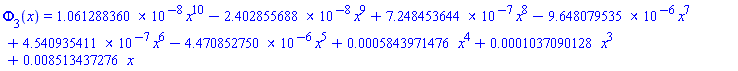 Phi[3](x) = 0.1061288360e-7*x^10-0.2402855688e-7*x^9+0.7248453644e-6*x^8-0.9648079535e-5*x^7+0.4540935411e-6*x^6-0.4470852750e-5*x^5+0.5843971476e-3*x^4+0.1037090128e-3*x^3+0.8513437276e-2*x