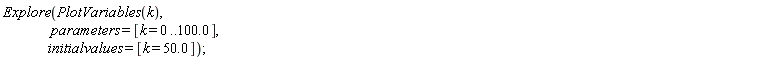 Explore(PlotVariables(k), parameters = [k = 0 .. 100.0], initialvalues = [k = 50.0])