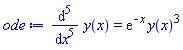 diff(diff(diff(diff(diff(y(x), x), x), x), x), x) = exp(-x)*y(x)^3