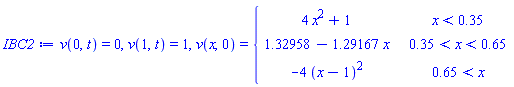 v(0, t) = 0, v(1, t) = 1, v(x, 0) = piecewise(x < .35, 4*x^2+1, .35 < x and x < .65, 1.32958-1.29167*x, .65 < x, -4*(x-1)^2)