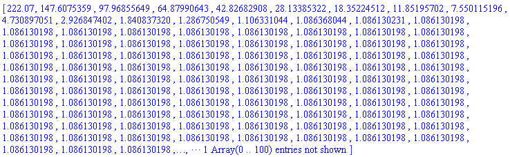 `Array(0..100, {(1) = 222.07, (2) = 147.6075359, (3) = 97.96855649, (4) = 64.87990643, (5) = 42.82682908, (6) = 28.13385322, (7) = 18.35224512, (8) = 11.85195702, (9) = 7.550115196, (10) = 4.730897051, (11) = 2.926847402, (12) = 1.840837320, (13) = 1.286750549, (14) = 1.106331044, (15) = 1.086368044, (16) = 1.086130231, (17) = 1.086130198, (18) = 1.086130198, (19) = 1.086130198, (20) = 1.086130198, (21) = 1.086130198, (22) = 1.086130198, (23) = 1.086130198, (24) = 1.086130198, (25) = 1.086130198, (26) = 1.086130198, (27) = 1.086130198, (28) = 1.086130198, (29) = 1.086130198, (30) = 1.086130198, (31) = 1.086130198, (32) = 1.086130198, (33) = 1.086130198, (34) = 1.086130198, (35) = 1.086130198, (36) = 1.086130198, (37) = 1.086130198, (38) = 1.086130198, (39) = 1.086130198, (40) = 1.086130198, (41) = 1.086130198, (42) = 1.086130198, (43) = 1.086130198, (44) = 1.086130198, (45) = 1.086130198, (46) = 1.086130198, (47) = 1.086130198, (48) = 1.086130198, (49) = 1.086130198, (50) = 1.086130198, (51) = 1.086130198, (52) = 1.086130198, (53) = 1.086130198, (54) = 1.086130198, (55) = 1.086130198, (56) = 1.086130198, (57) = 1.086130198, (58) = 1.086130198, (59) = 1.086130198, (60) = 1.086130198, (61) = 1.086130198, (62) = 1.086130198, (63) = 1.086130198, (64) = 1.086130198, (65) = 1.086130198, (66) = 1.086130198, (67) = 1.086130198, (68) = 1.086130198, (69) = 1.086130198, (70) = 1.086130198, (71) = 1.086130198, (72) = 1.086130198, (73) = 1.086130198, (74) = 1.086130198, (75) = 1.086130198, (76) = 1.086130198, (77) = 1.086130198, (78) = 1.086130198, (79) = 1.086130198, (80) = 1.086130198, (81) = 1.086130198, (82) = 1.086130198, (83) = 1.086130198, (84) = 1.086130198, (85) = 1.086130198, (86) = 1.086130198, (87) = 1.086130198, (88) = 1.086130198, (89) = 1.086130198, (90) = 1.086130198, (91) = 1.086130198, (92) = 1.086130198, (93) = 1.086130198, (94) = 1.086130198, (95) = 1.086130198, (96) = 1.086130198, (97) = 1.086130198, (98) = 1.086130198, (99) = 1.086130198, (100) = 1.086130198})`