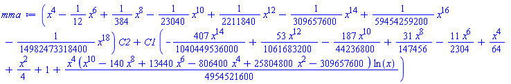 (x^4-(1/12)*x^6+(1/384)*x^8-(1/23040)*x^10+(1/2211840)*x^12-(1/309657600)*x^14+(1/59454259200)*x^16-(1/14982473318400)*x^18)*C2+C1*(-(407/1040449536000)*x^14+(53/1061683200)*x^12-(187/44236800)*x^10+(31/147456)*x^8-(11/2304)*x^6+(1/64)*x^4+(1/4)*x^2+1+(1/4954521600)*x^4*(x^10-140*x^8+13440*x^6-806400*x^4+25804800*x^2-309657600)*ln(x))