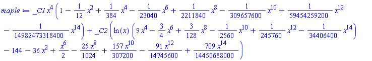 _C1*x^4*(1-(1/12)*x^2+(1/384)*x^4-(1/23040)*x^6+(1/2211840)*x^8-(1/309657600)*x^10+(1/59454259200)*x^12-(1/14982473318400)*x^14)+_C2*(ln(x)*(9*x^4-(3/4)*x^6+(3/128)*x^8-(1/2560)*x^10+(1/245760)*x^12-(1/34406400)*x^14)-144-36*x^2+(1/2)*x^6-(25/1024)*x^8+(157/307200)*x^10-(91/14745600)*x^12+(709/14450688000)*x^14)