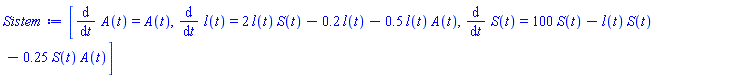 [diff(A(t), t) = A(t), diff(l(t), t) = 2*l(t)*S(t)-.2*l(t)-.5*l(t)*A(t), diff(S(t), t) = 100*S(t)-l(t)*S(t)-.25*S(t)*A(t)]