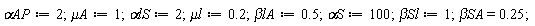 `&alpha;AP` := 2; `&mu;A` := 1; `&alpha;lS` := 2; `&mu;l` := .2; `&beta;lA` := .5; `&alpha;S` := 100; `&beta;Sl` := 1; `&beta;SA` = .25