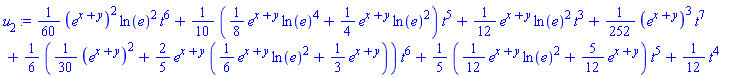 (1/60)*(e^(x+y))^2*ln(e)^2*t^6+(1/10)*((1/8)*e^(x+y)*ln(e)^4+(1/4)*e^(x+y)*ln(e)^2)*t^5+(1/12)*e^(x+y)*ln(e)^2*t^3+(1/252)*(e^(x+y))^3*t^7+(1/6)*((1/30)*(e^(x+y))^2+(2/5)*e^(x+y)*((1/6)*e^(x+y)*ln(e)^2+(1/3)*e^(x+y)))*t^6+(1/5)*((1/12)*e^(x+y)*ln(e)^2+(5/12)*e^(x+y))*t^5+(1/12)*t^4