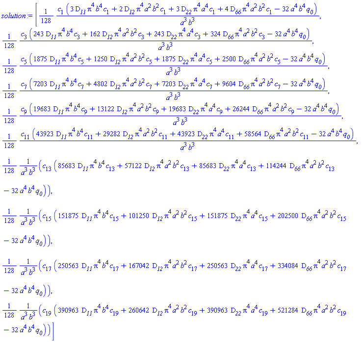 [(1/128)*c[1]*(3*D__11*Pi^4*b^4*c[1]+2*D__12*Pi^4*a^2*b^2*c[1]+3*D__22*Pi^4*a^4*c[1]+4*D__66*Pi^4*a^2*b^2*c[1]-32*a^4*b^4*q__0)/(a^3*b^3), (1/128)*c[3]*(243*D__11*Pi^4*b^4*c[3]+162*D__12*Pi^4*a^2*b^2*c[3]+243*D__22*Pi^4*a^4*c[3]+324*D__66*Pi^4*a^2*b^2*c[3]-32*a^4*b^4*q__0)/(a^3*b^3), (1/128)*c[5]*(1875*D__11*Pi^4*b^4*c[5]+1250*D__12*Pi^4*a^2*b^2*c[5]+1875*D__22*Pi^4*a^4*c[5]+2500*D__66*Pi^4*a^2*b^2*c[5]-32*a^4*b^4*q__0)/(a^3*b^3), (1/128)*c[7]*(7203*D__11*Pi^4*b^4*c[7]+4802*D__12*Pi^4*a^2*b^2*c[7]+7203*D__22*Pi^4*a^4*c[7]+9604*D__66*Pi^4*a^2*b^2*c[7]-32*a^4*b^4*q__0)/(a^3*b^3), (1/128)*c[9]*(19683*D__11*Pi^4*b^4*c[9]+13122*D__12*Pi^4*a^2*b^2*c[9]+19683*D__22*Pi^4*a^4*c[9]+26244*D__66*Pi^4*a^2*b^2*c[9]-32*a^4*b^4*q__0)/(a^3*b^3), (1/128)*c[11]*(43923*D__11*Pi^4*b^4*c[11]+29282*D__12*Pi^4*a^2*b^2*c[11]+43923*D__22*Pi^4*a^4*c[11]+58564*D__66*Pi^4*a^2*b^2*c[11]-32*a^4*b^4*q__0)/(a^3*b^3), (1/128)*c[13]*(85683*D__11*Pi^4*b^4*c[13]+57122*D__12*Pi^4*a^2*b^2*c[13]+85683*D__22*Pi^4*a^4*c[13]+114244*D__66*Pi^4*a^2*b^2*c[13]-32*a^4*b^4*q__0)/(a^3*b^3), (1/128)*c[15]*(151875*D__11*Pi^4*b^4*c[15]+101250*D__12*Pi^4*a^2*b^2*c[15]+151875*D__22*Pi^4*a^4*c[15]+202500*D__66*Pi^4*a^2*b^2*c[15]-32*a^4*b^4*q__0)/(a^3*b^3), (1/128)*c[17]*(250563*D__11*Pi^4*b^4*c[17]+167042*D__12*Pi^4*a^2*b^2*c[17]+250563*D__22*Pi^4*a^4*c[17]+334084*D__66*Pi^4*a^2*b^2*c[17]-32*a^4*b^4*q__0)/(a^3*b^3), (1/128)*c[19]*(390963*D__11*Pi^4*b^4*c[19]+260642*D__12*Pi^4*a^2*b^2*c[19]+390963*D__22*Pi^4*a^4*c[19]+521284*D__66*Pi^4*a^2*b^2*c[19]-32*a^4*b^4*q__0)/(a^3*b^3)]