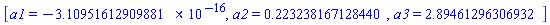 [a1 = HFloat(-3.1095161290988124e-16), a2 = HFloat(0.22323816712844022), a3 = HFloat(2.894612963069318)]