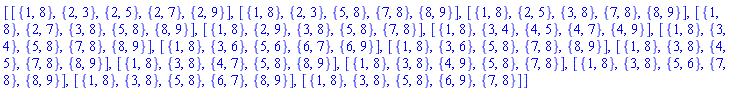 [[{1, 8}, {2, 3}, {2, 5}, {2, 7}, {2, 9}], [{1, 8}, {2, 3}, {5, 8}, {7, 8}, {8, 9}], [{1, 8}, {2, 5}, {3, 8}, {7, 8}, {8, 9}], [{1, 8}, {2, 7}, {3, 8}, {5, 8}, {8, 9}], [{1, 8}, {2, 9}, {3, 8}, {5, 8}, {7, 8}], [{1, 8}, {3, 4}, {4, 5}, {4, 7}, {4, 9}], [{1, 8}, {3, 4}, {5, 8}, {7, 8}, {8, 9}], [{1, 8}, {3, 6}, {5, 6}, {6, 7}, {6, 9}], [{1, 8}, {3, 6}, {5, 8}, {7, 8}, {8, 9}], [{1, 8}, {3, 8}, {4, 5}, {7, 8}, {8, 9}], [{1, 8}, {3, 8}, {4, 7}, {5, 8}, {8, 9}], [{1, 8}, {3, 8}, {4, 9}, {5, 8}, {7, 8}], [{1, 8}, {3, 8}, {5, 6}, {7, 8}, {8, 9}], [{1, 8}, {3, 8}, {5, 8}, {6, 7}, {8, 9}], [{1, 8}, {3, 8}, {5, 8}, {6, 9}, {7, 8}]]