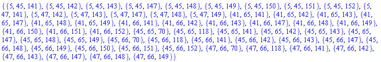 {{5, 45, 141}, {5, 45, 142}, {5, 45, 143}, {5, 45, 147}, {5, 45, 148}, {5, 45, 149}, {5, 45, 150}, {5, 45, 151}, {5, 45, 152}, {5, 47, 141}, {5, 47, 142}, {5, 47, 143}, {5, 47, 147}, {5, 47, 148}, {5, 47, 149}, {41, 65, 141}, {41, 65, 142}, {41, 65, 143}, {41, 65, 147}, {41, 65, 148}, {41, 65, 149}, {41, 66, 141}, {41, 66, 142}, {41, 66, 143}, {41, 66, 147}, {41, 66, 148}, {41, 66, 149}, {41, 66, 150}, {41, 66, 151}, {41, 66, 152}, {45, 65, 70}, {45, 65, 118}, {45, 65, 141}, {45, 65, 142}, {45, 65, 143}, {45, 65, 147}, {45, 65, 148}, {45, 65, 149}, {45, 66, 70}, {45, 66, 118}, {45, 66, 141}, {45, 66, 142}, {45, 66, 143}, {45, 66, 147}, {45, 66, 148}, {45, 66, 149}, {45, 66, 150}, {45, 66, 151}, {45, 66, 152}, {47, 66, 70}, {47, 66, 118}, {47, 66, 141}, {47, 66, 142}, {47, 66, 143}, {47, 66, 147}, {47, 66, 148}, {47, 66, 149}}