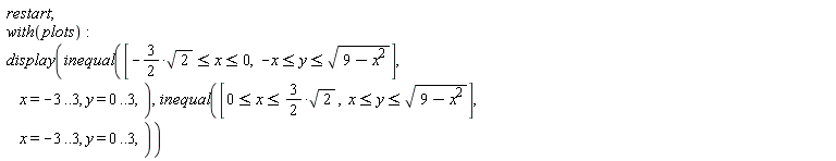 restart; with(plots); display(inequal([-(3/2)*sqrt(2) <= x and x <= 0, -x <= y and y <= sqrt(-x^2+9)], x = -3 .. 3, y = 0 .. 3), inequal([0 <= x and x <= (3/2)*sqrt(2), x <= y and y <= sqrt(-x^2+9)], x = -3 .. 3, y = 0 .. 3))