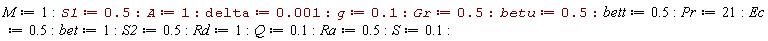 M := 1; S1 := .5; A := 1; delta := 0.1e-2; g := .1; Gr := .5; betu := .5; bett := .5; Pr := 21; Ec := .5; bet := 1; S2 := .5; Rd := 1; Q := .1; Ra := .5; S := .1